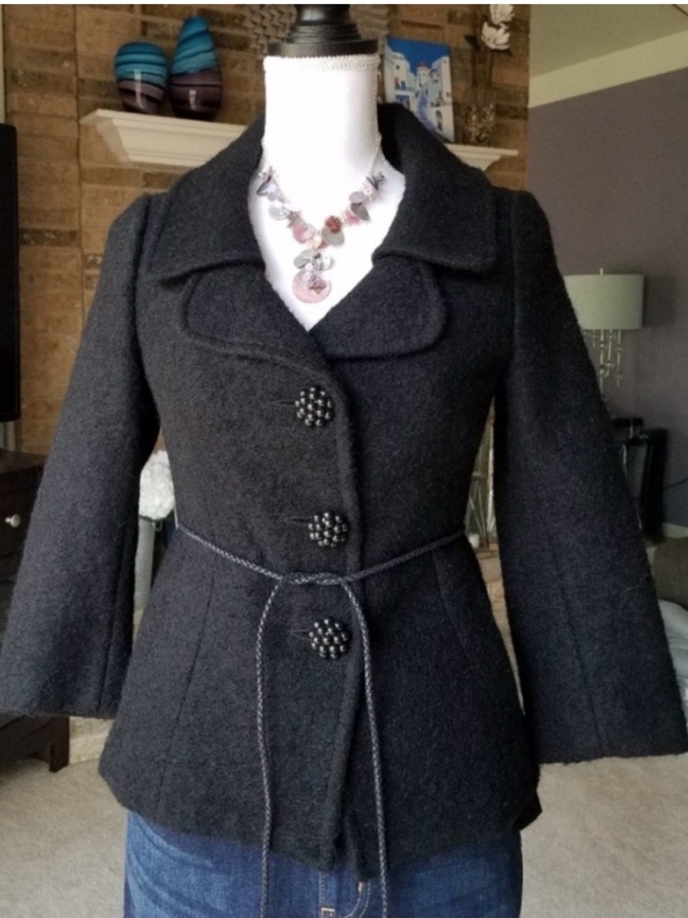 Black MANGO Alpaca Mohair Wool Quarter Sleeve Belted Jacket from Spain NWOT